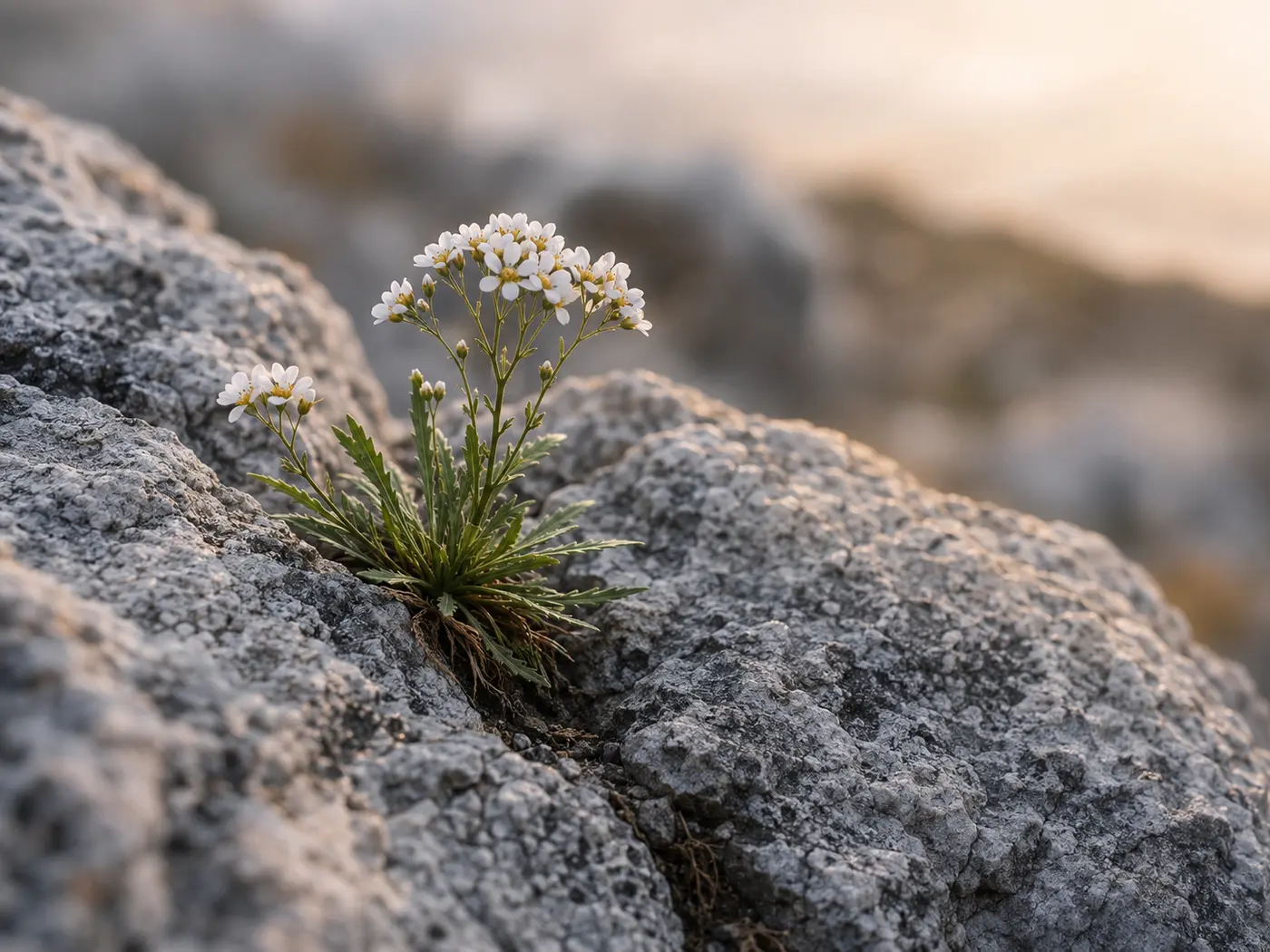 Flors blanques de draba creixent entre roques